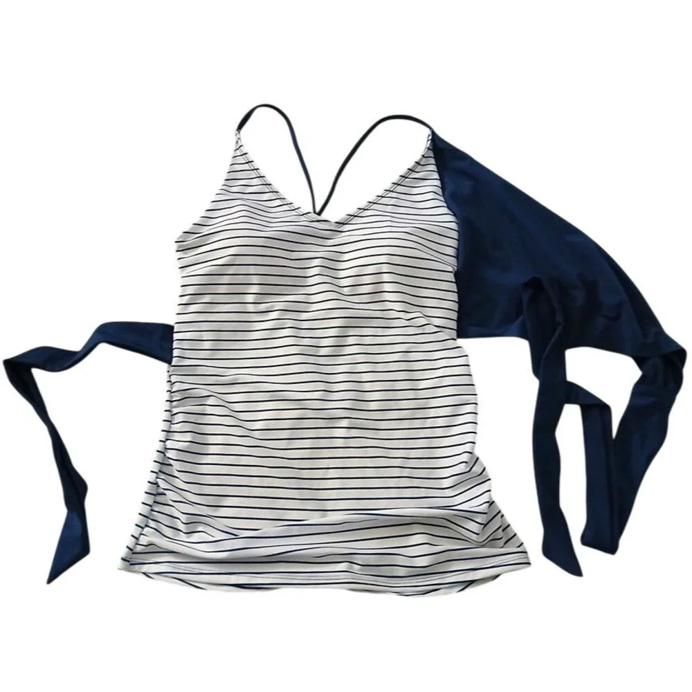 NEW Nani Swimwear Wrap-Tie Tankini Top Womens Large Pinstripe Swimsuit Swim Suit